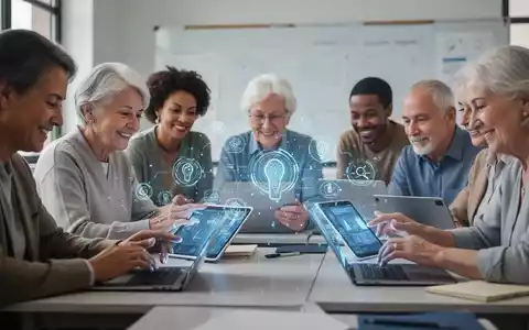 Diverse adults, including seniors, learning digital skills with tablets and laptops in a modern classroom, with subtle holographic digital overlays. - Foto: über boerse-global.de