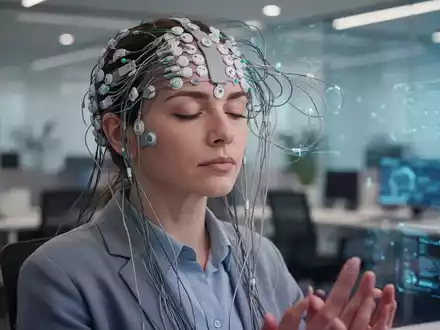 Eine Person mit Neurofeedback-Elektroden auf dem Kopf, die sich konzentriert, in einem modernen Büroumfeld. Repräsentiert Stressbewältigung und psychische Gesundheit. - Foto: über boerse-global.de