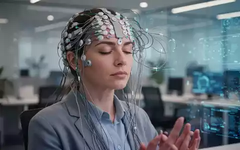 Eine Person mit Neurofeedback-Elektroden auf dem Kopf, die sich konzentriert, in einem modernen Büroumfeld. Repräsentiert Stressbewältigung und psychische Gesundheit. - Foto: über boerse-global.de