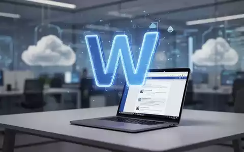 A holographic blue 'W' icon, symbolizing Microsoft Word, projected above a laptop on a modern desk, representing cloud-based productivity. - Foto: über boerse-global.de