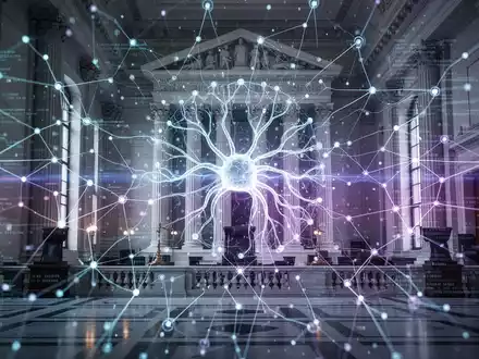 A glowing neural network overlaying a subtle image of a law firm interior, symbolizing AI and legal tech innovation. - Foto: über boerse-global.de
