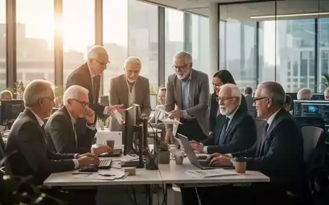 Ältere Fachkräfte arbeiten in einem modernen Büro zusammen, symbolisch für längere Erwerbstätigkeit und Rentenreformen. - Foto: über boerse-global.de