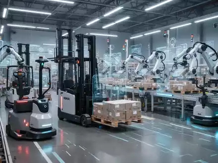 Autonomous forklifts and pallet trucks move goods in a modern, automated logistics hub. Robotic arms sort packages. - Foto: über boerse-global.de