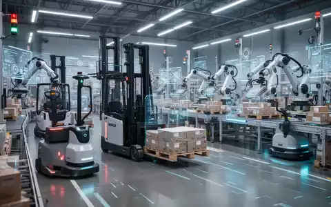 Autonomous forklifts and pallet trucks move goods in a modern, automated logistics hub. Robotic arms sort packages. - Foto: über boerse-global.de