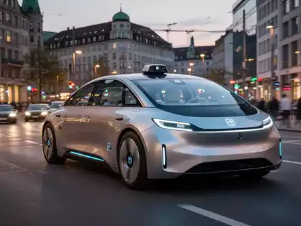 A futuristic, sleek robotaxi drives on a modern street in a bustling German city at dusk, with blurred city lights. - Foto: über boerse-global.de