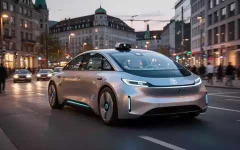A futuristic, sleek robotaxi drives on a modern street in a bustling German city at dusk, with blurred city lights. - Foto: über boerse-global.de