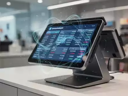 Ein modernes Kassensystem mit digitalen Daten auf dem Bildschirm, überlagert von einem abstrakten Netzwerk, das Datensicherheit und Compliance symbolisiert. - Foto: über boerse-global.de