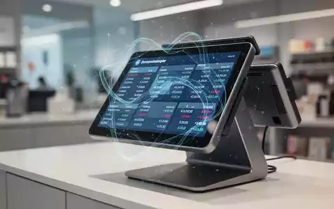 Ein modernes Kassensystem mit digitalen Daten auf dem Bildschirm, überlagert von einem abstrakten Netzwerk, das Datensicherheit und Compliance symbolisiert. - Foto: über boerse-global.de