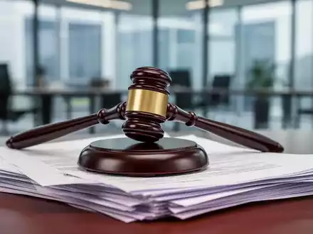 Ein stilisierter Hammer liegt auf einem Stapel juristischer Dokumente mit einem unscharfen Hintergrund eines modernen Büros. - Foto: über boerse-global.de