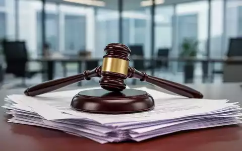 Ein stilisierter Hammer liegt auf einem Stapel juristischer Dokumente mit einem unscharfen Hintergrund eines modernen Büros. - Foto: über boerse-global.de