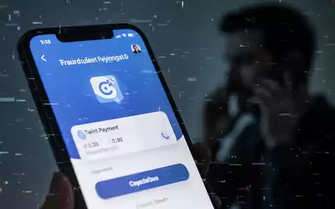 Ein Smartphone-Bildschirm zeigt eine betrügerische Twint-App-Oberfläche mit Glitch-Effekten. Im Hintergrund eine Person, die telefoniert. - Foto: über boerse-global.de