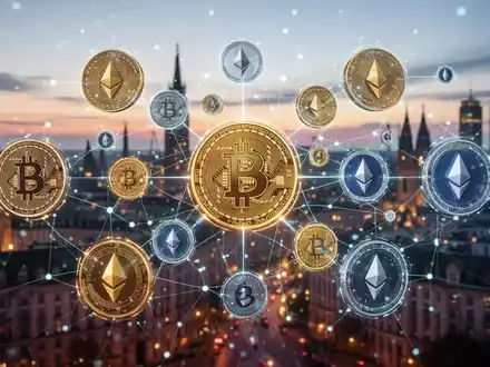 Digital representations of cryptocurrencies intertwined with a blurred city skyline, symbolizing crypto regulation in Europe. - Foto: über boerse-global.de