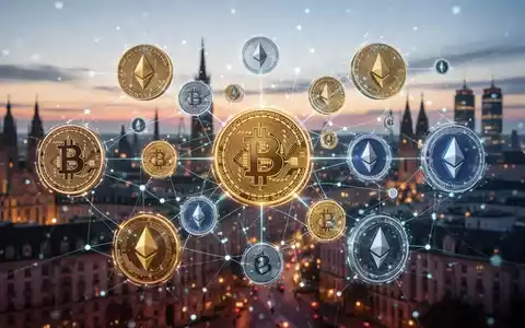 Digital representations of cryptocurrencies intertwined with a blurred city skyline, symbolizing crypto regulation in Europe. - Foto: über boerse-global.de