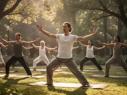 Menschen praktizieren Qi Gong und Hatha Yoga in einer ruhigen Outdoor-Umgebung, um Achtsamkeit und Konzentration zu fördern. - Foto: über boerse-global.de