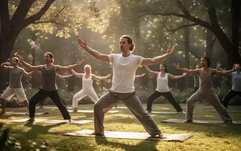 Menschen praktizieren Qi Gong und Hatha Yoga in einer ruhigen Outdoor-Umgebung, um Achtsamkeit und Konzentration zu fördern. - Foto: über boerse-global.de