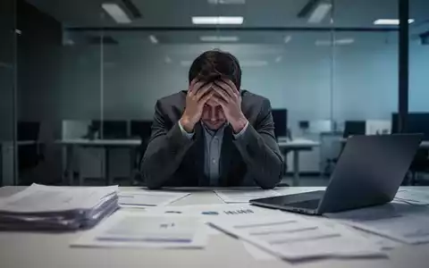 Eine Person sitzt mit dem Kopf in den Händen an einem Schreibtisch in einem modernen Büro und wirkt überfordert und erschöpft. - Foto: über boerse-global.de