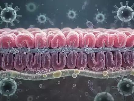 Mikroskopische Ansicht der Darmschleimhaut mit Epithelzellen, Tight Junctions und Schleimschichten, die Schutz und Regeneration symbolisieren. - Foto: über boerse-global.de