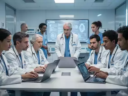 Ein Team von medizinischem Fachpersonal nimmt an einer IT-Sicherheitsschulung teil, konzentriert auf Laptops und einen Präsentator. - Foto: über boerse-global.de