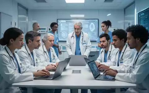 Ein Team von medizinischem Fachpersonal nimmt an einer IT-Sicherheitsschulung teil, konzentriert auf Laptops und einen Präsentator. - Foto: über boerse-global.de