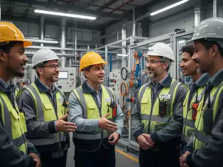 Sicherheitsfachkräfte in einem modernen Industriebetrieb während einer Schulung, mit Fokus auf Prävention und Teamarbeit. - Foto: über boerse-global.de