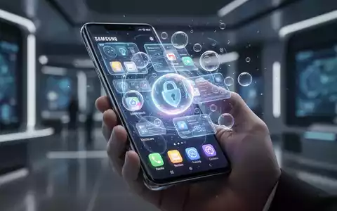 A futuristic Samsung smartphone displaying multiple glowing app windows and bubbles, held by a hand in a modern tech setting. - Foto: über boerse-global.de