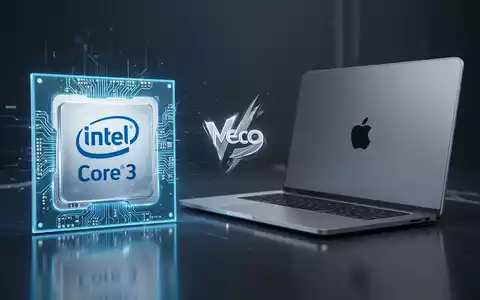 An Intel Core 3 processor chip glowing blue next to a silver MacBook Neo laptop, symbolizing technological competition. - Foto: über boerse-global.de