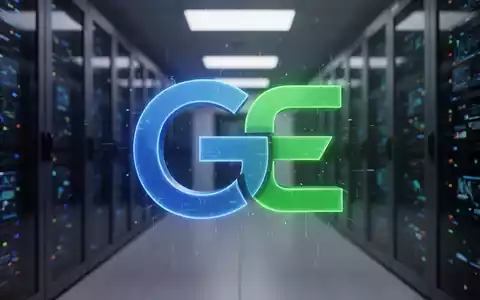 Ein stilisiertes, blau leuchtendes 'G'-Logo verschmilzt subtil mit einem grünen 'E'-Logo vor einem verschwommenen Rechenzentrum. - Foto: über boerse-global.de