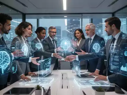 Geschäftsleute arbeiten in einem modernen Büro mit holografischen Bildschirmen und KI-Symbolen. - Foto: über boerse-global.de