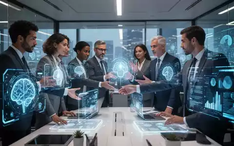 Geschäftsleute arbeiten in einem modernen Büro mit holografischen Bildschirmen und KI-Symbolen. - Foto: über boerse-global.de