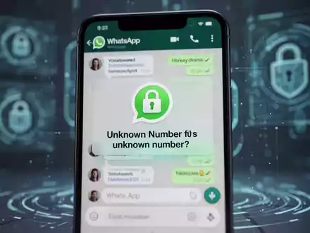 A smartphone screen showing a WhatsApp chat with a safety warning for an unknown number, featuring a lock icon and security text. - Foto: über boerse-global.de