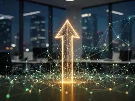 Eine stilisierte, leuchtende Pfeilspitze zeigt nach oben, umgeben von einem digitalen Netzwerk, das FinTech und Profitabilität symbolisiert. - Foto: über boerse-global.de