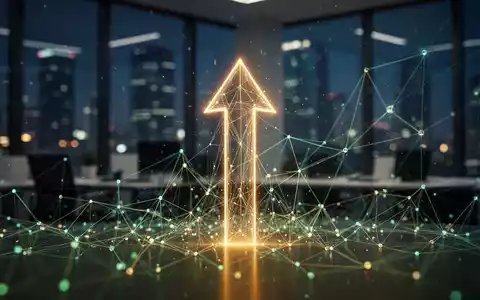 Eine stilisierte, leuchtende Pfeilspitze zeigt nach oben, umgeben von einem digitalen Netzwerk, das FinTech und Profitabilität symbolisiert. - Foto: über boerse-global.de