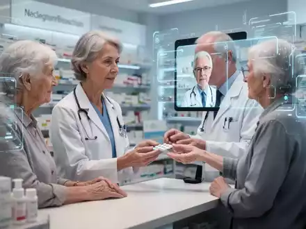 A pharmacist helps an elderly patient with a video consultation on a tablet, showing a doctor on screen in a modern pharmacy. - Foto: über boerse-global.de