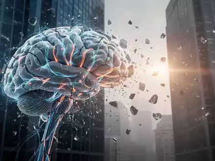 A digital brain with glowing neural pathways, partially fragmented, with some pieces drifting away. A corporate skyscraper is in the background. - Foto: über boerse-global.de