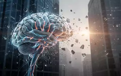 A digital brain with glowing neural pathways, partially fragmented, with some pieces drifting away. A corporate skyscraper is in the background. - Foto: über boerse-global.de