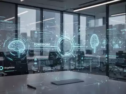 Abstract image showing a stylized PowerPoint slide deck with digital branding elements and AI symbols, representing brand compliance. - Foto: über boerse-global.de