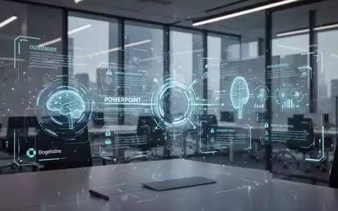 Abstract image showing a stylized PowerPoint slide deck with digital branding elements and AI symbols, representing brand compliance. - Foto: über boerse-global.de