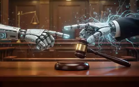 A robotic hand points at a legal gavel on a courtroom desk, with AI neural networks in the background, symbolizing AI liability. - Foto: über boerse-global.de