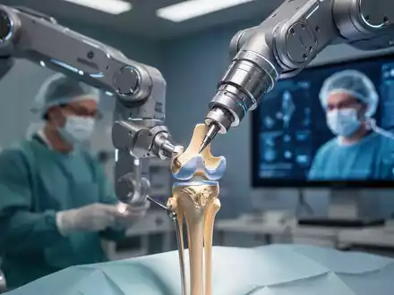 Ein futuristischer Operationsroboter implantiert präzise ein Kniegelenk, während ein Chirurg auf einem digitalen Bildschirm beobachtet. - Foto: über boerse-global.de