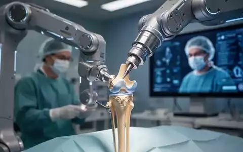 Ein futuristischer Operationsroboter implantiert präzise ein Kniegelenk, während ein Chirurg auf einem digitalen Bildschirm beobachtet. - Foto: über boerse-global.de