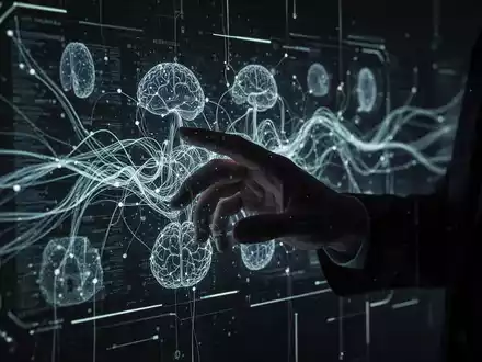 Eine Hand interagiert mit einer holografischen Oberfläche, die abstrakte Datenflüsse und neuronale Netzwerkmuster zeigt, symbolisiert KI-Cyberkriminalität. - Foto: über boerse-global.de
