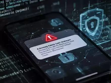Smartphone screen showing a malware warning, with blurred digital code in the background, symbolizing cyber security threats. - Foto: über boerse-global.de