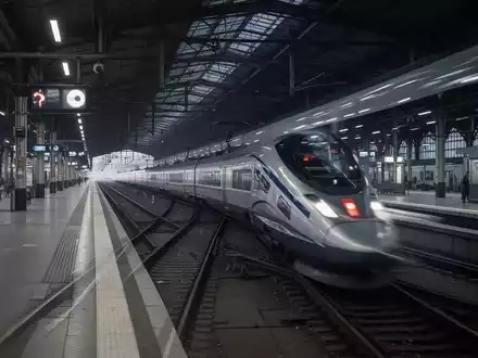 Ein moderner Hochgeschwindigkeitszug steht auf einem Bahnsteig in einem großen, schwach beleuchteten Bahnhof, leere Gleise erstrecken sich in die Ferne. - Foto: über boerse-global.de