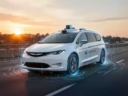 A white Waymo autonomous vehicle drives on a highway at sunset, with a digital glow hinting at its advanced technology. - Foto: über boerse-global.de
