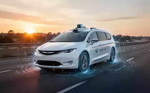 A white Waymo autonomous vehicle drives on a highway at sunset, with a digital glow hinting at its advanced technology. - Foto: über boerse-global.de