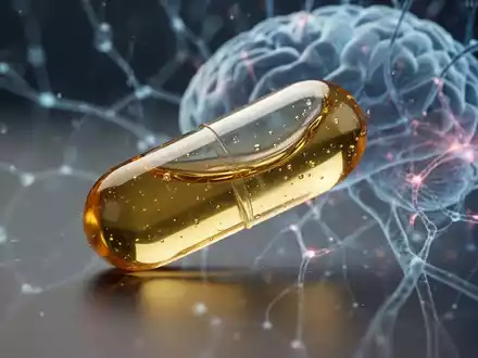 Eine Nahaufnahme einer goldenen Omega-3-Kapsel neben einer abstrakten Darstellung von Gehirnaktivität oder neuronalen Netzwerken. - Foto: über boerse-global.de