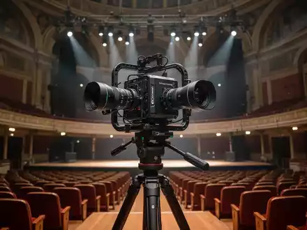 A high-tech immersive camera rig with dual lenses on a tripod in a grand, empty concert hall, illuminated by subtle stage lighting. - Foto: über boerse-global.de