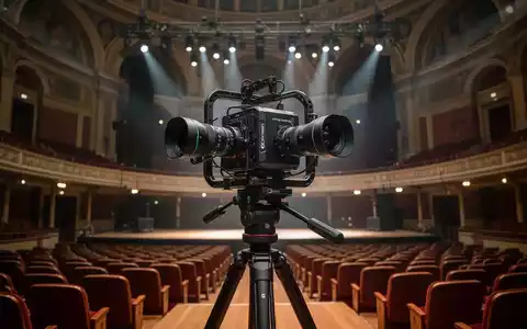 A high-tech immersive camera rig with dual lenses on a tripod in a grand, empty concert hall, illuminated by subtle stage lighting. - Foto: über boerse-global.de