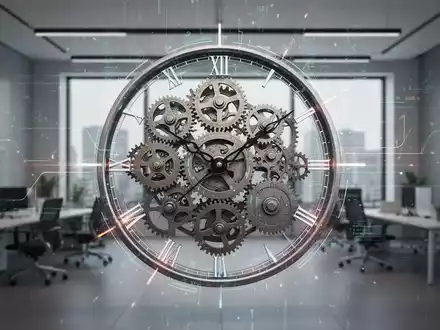 Ein stilisiertes Zifferblatt mit Zahnrädern und digitalen Datenströmen, die Produktivität und Technologie symbolisieren, vor einem modernen Büro. - Foto: über boerse-global.de