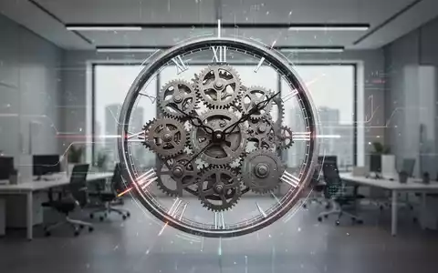 Ein stilisiertes Zifferblatt mit Zahnrädern und digitalen Datenströmen, die Produktivität und Technologie symbolisieren, vor einem modernen Büro. - Foto: über boerse-global.de